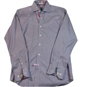 Bugatchi Uomo Shirt Men's Medium Blue Geometric Flip Cuff Shaped FIt Preppy